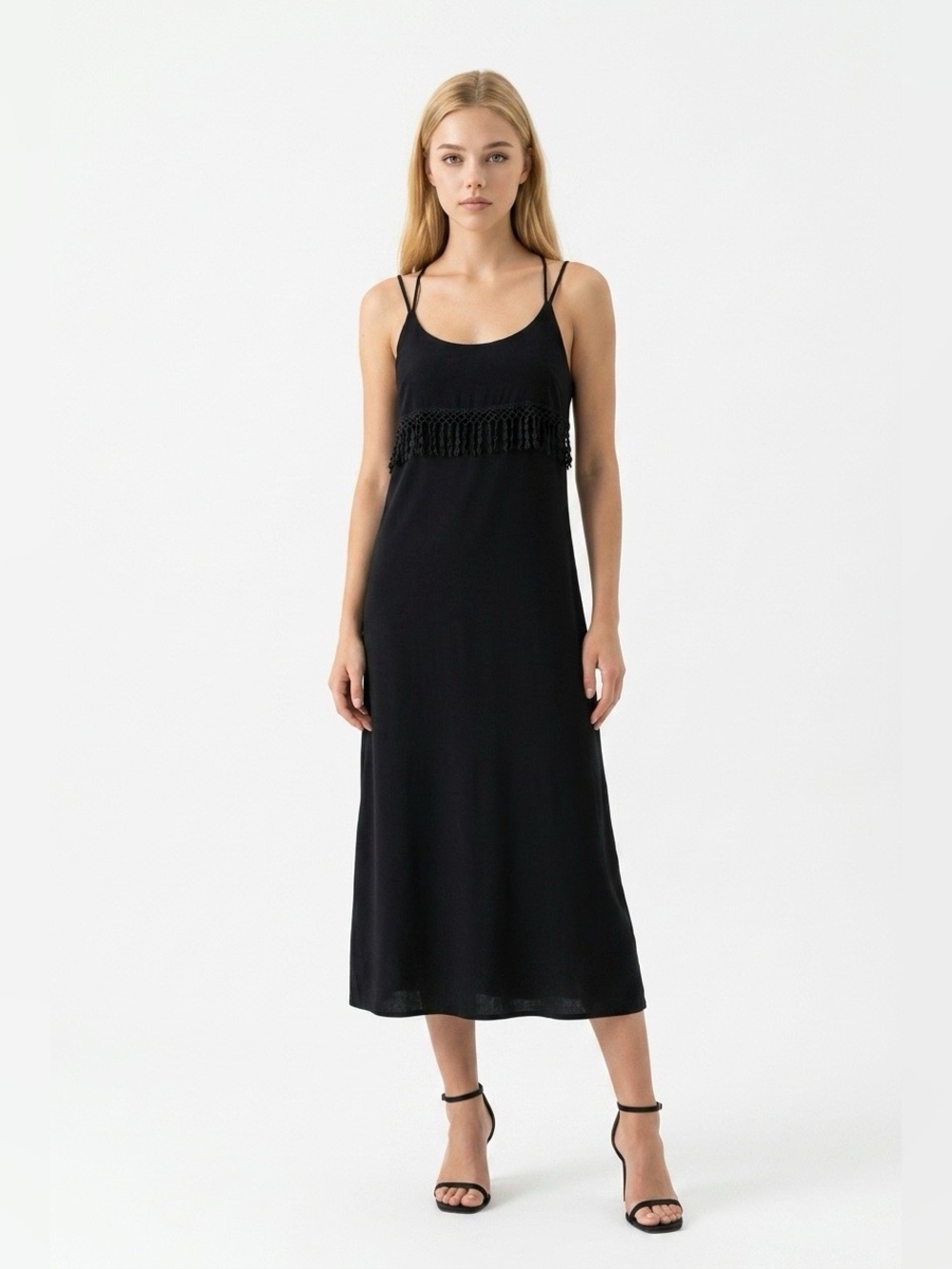 Jon & Anna Black Fringe-Trim Midi Slip Dress